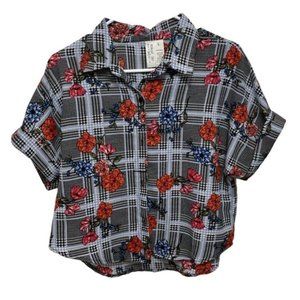 MidnightSky Houndstooth Floral Short Sleeve Blouse